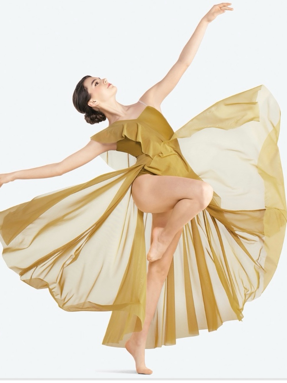 Revolution One-Shoulder Ruffle Gown in Mustard Gold